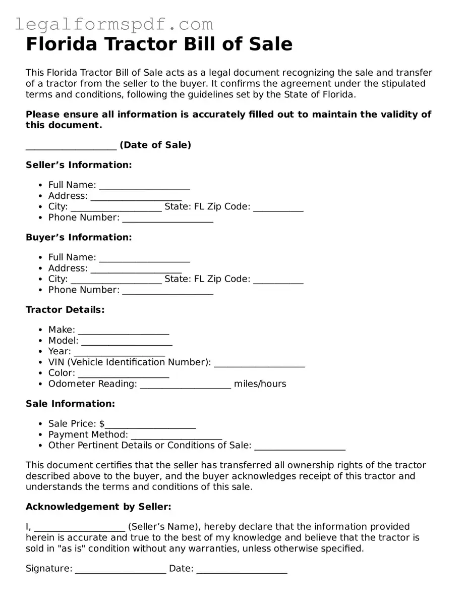 Fillable  Tractor Bill of Sale Document for Florida