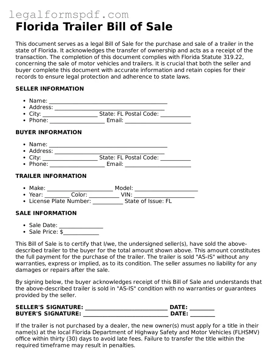 Fillable  Trailer Bill of Sale Document for Florida