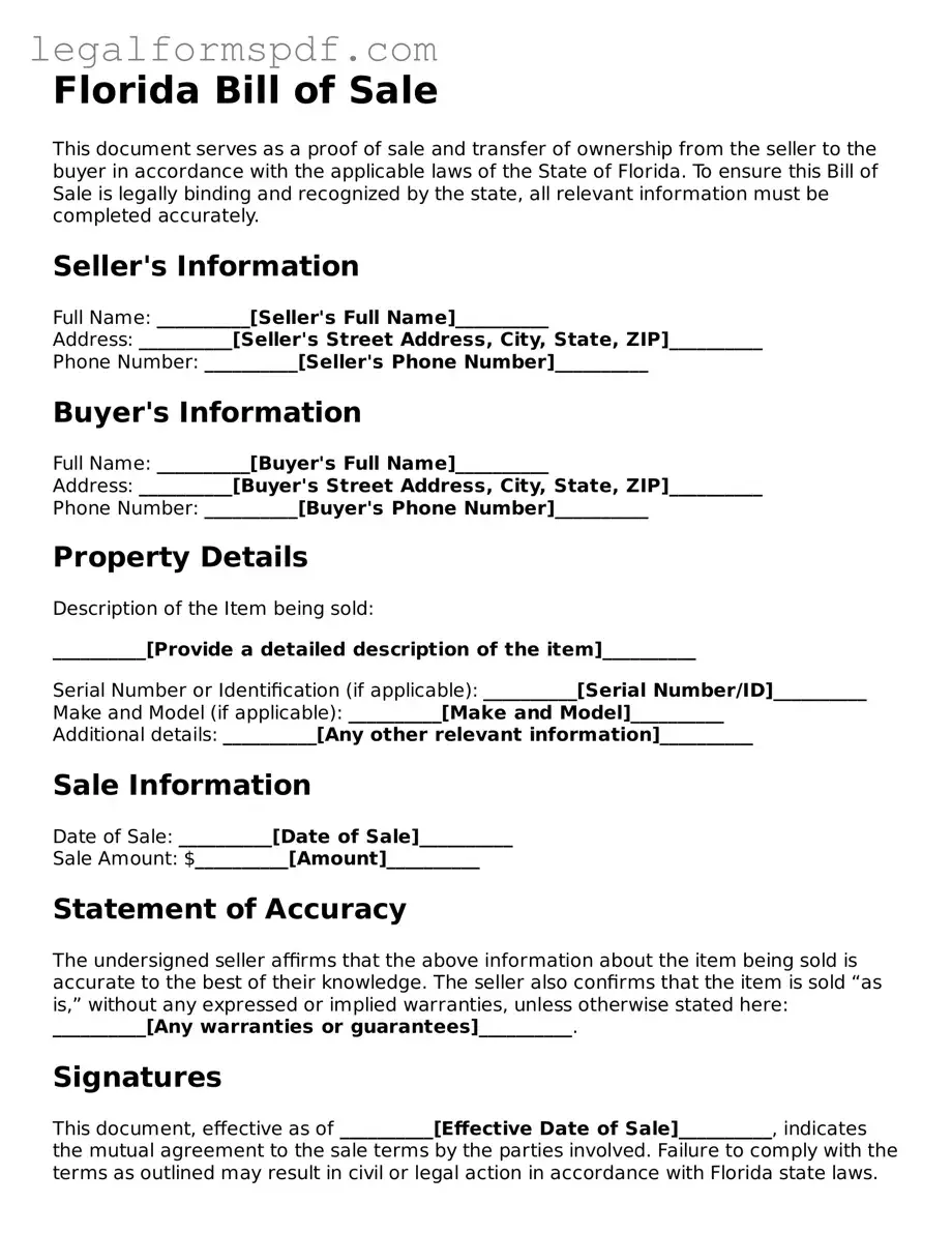 Fillable  Bill of Sale Document for Florida