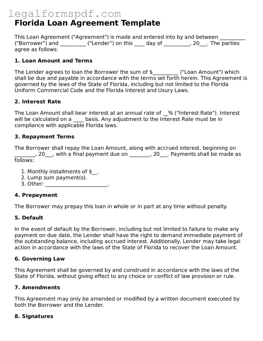 Fillable  Loan Agreement Document for Florida