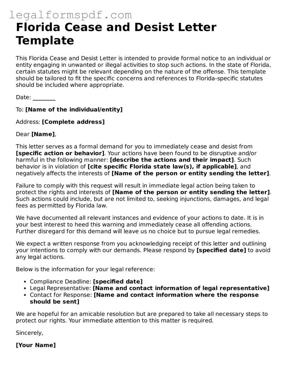 Fillable  Cease and Desist Letter Document for Florida
