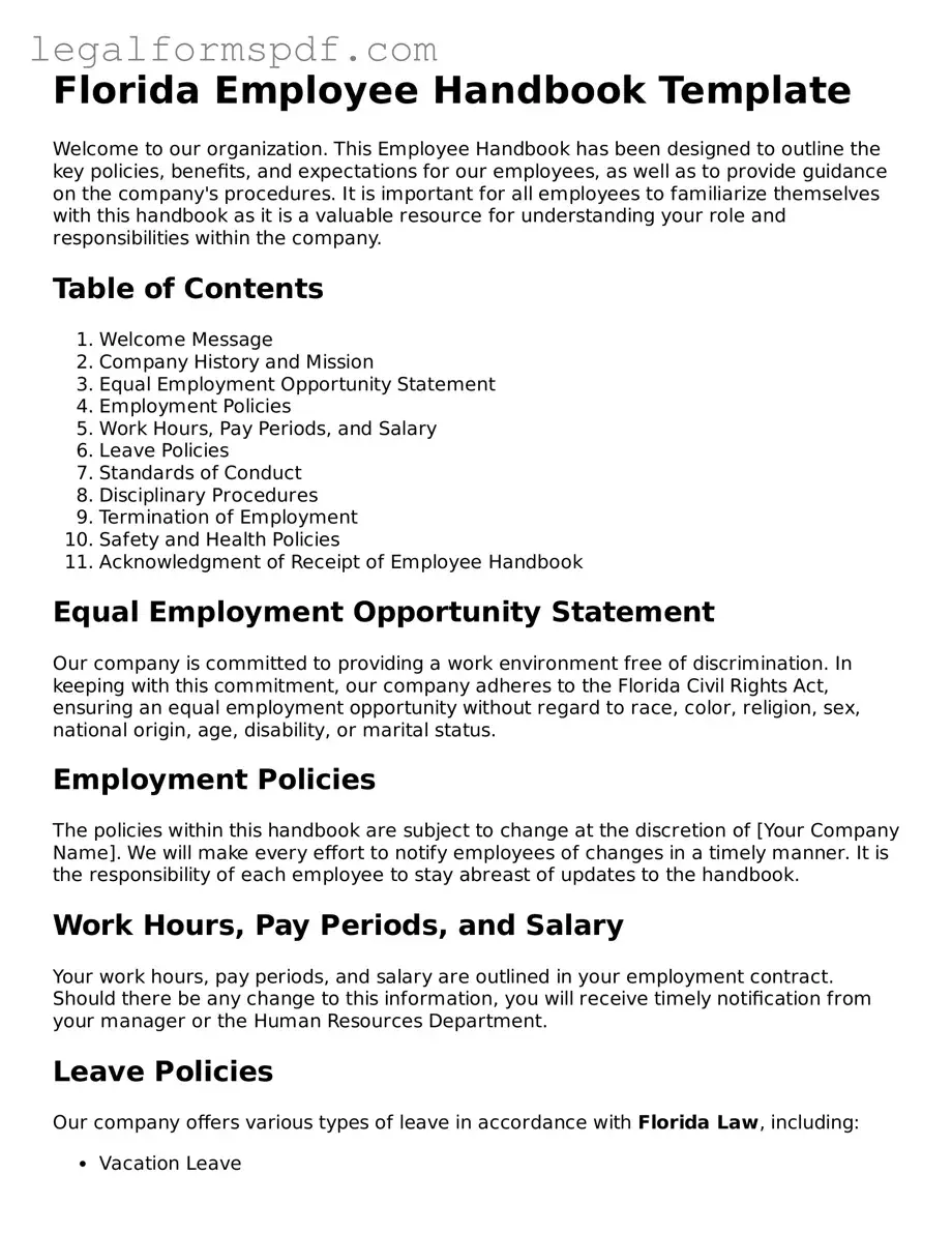 Fillable  Employee Handbook Document for Florida
