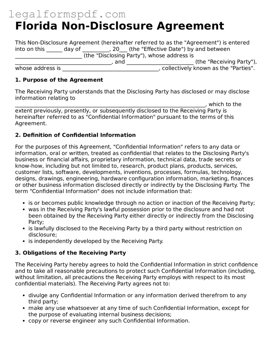 Fillable  Non-disclosure Agreement Document for Florida