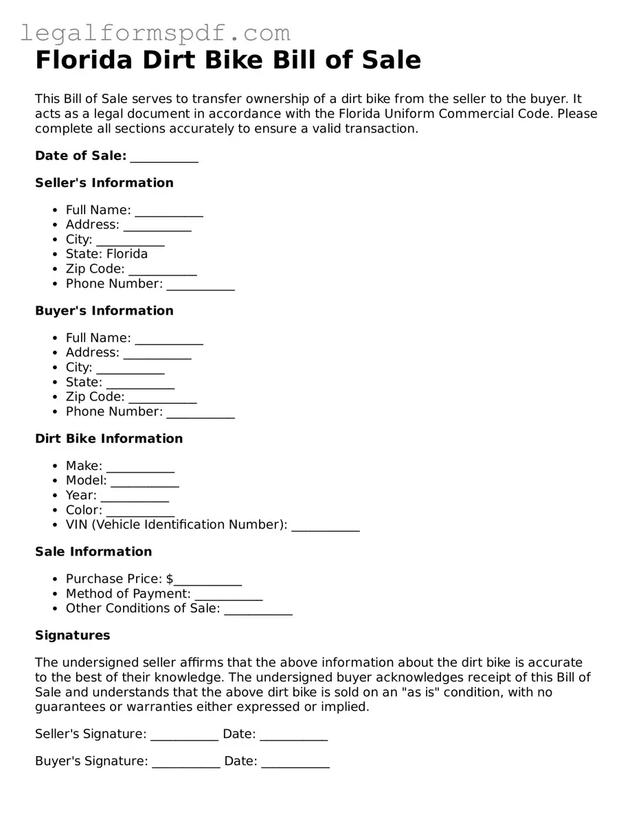 Fillable  Dirt Bike Bill of Sale Document for Florida