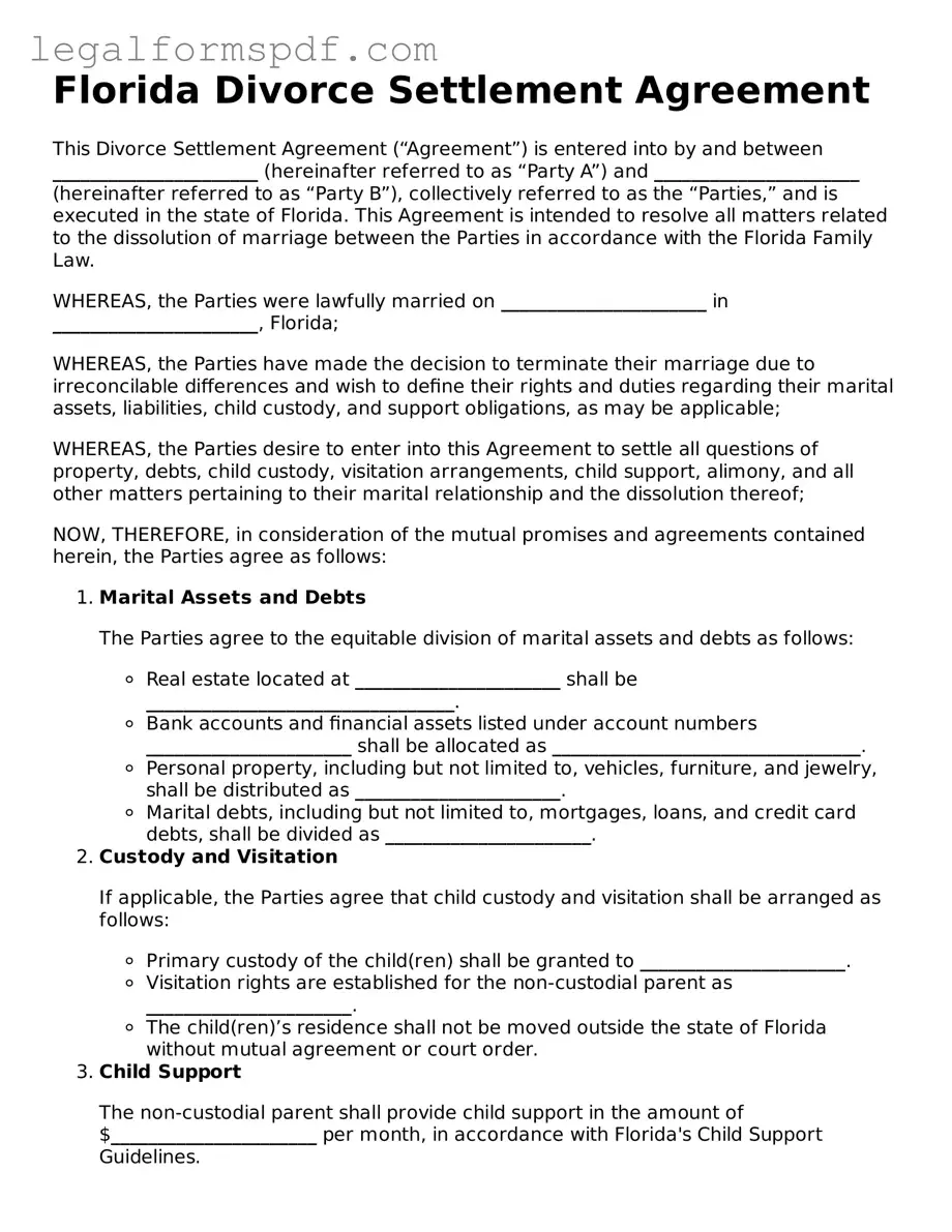Fillable  Divorce Settlement Agreement Document for Florida