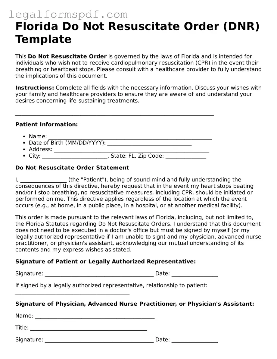 Fillable  Do Not Resuscitate Order Document for Florida