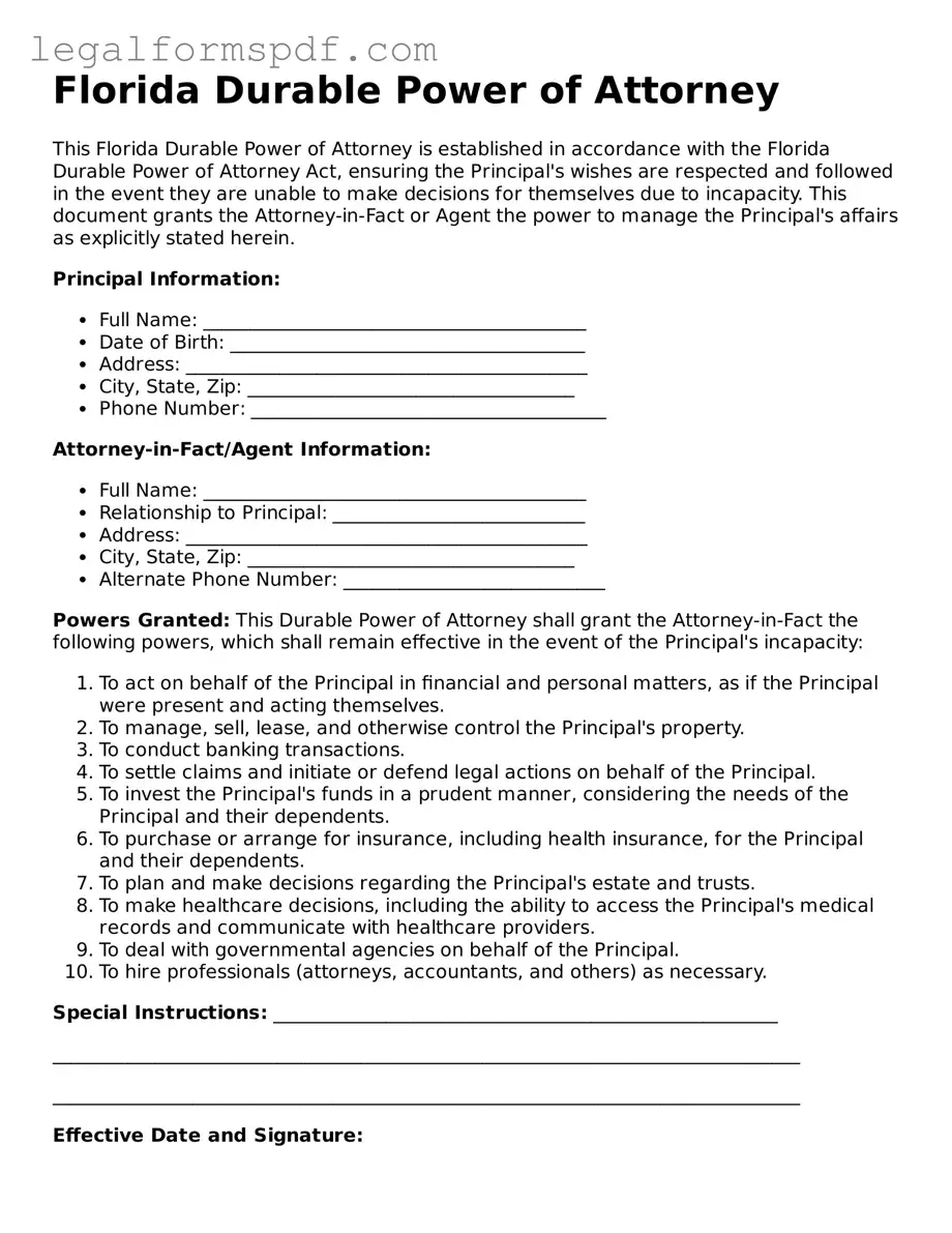Fillable  Durable Power of Attorney Document for Florida