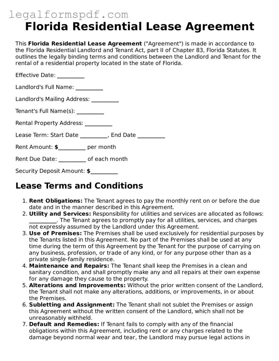 Fillable  Residential Lease Agreement Document for Florida