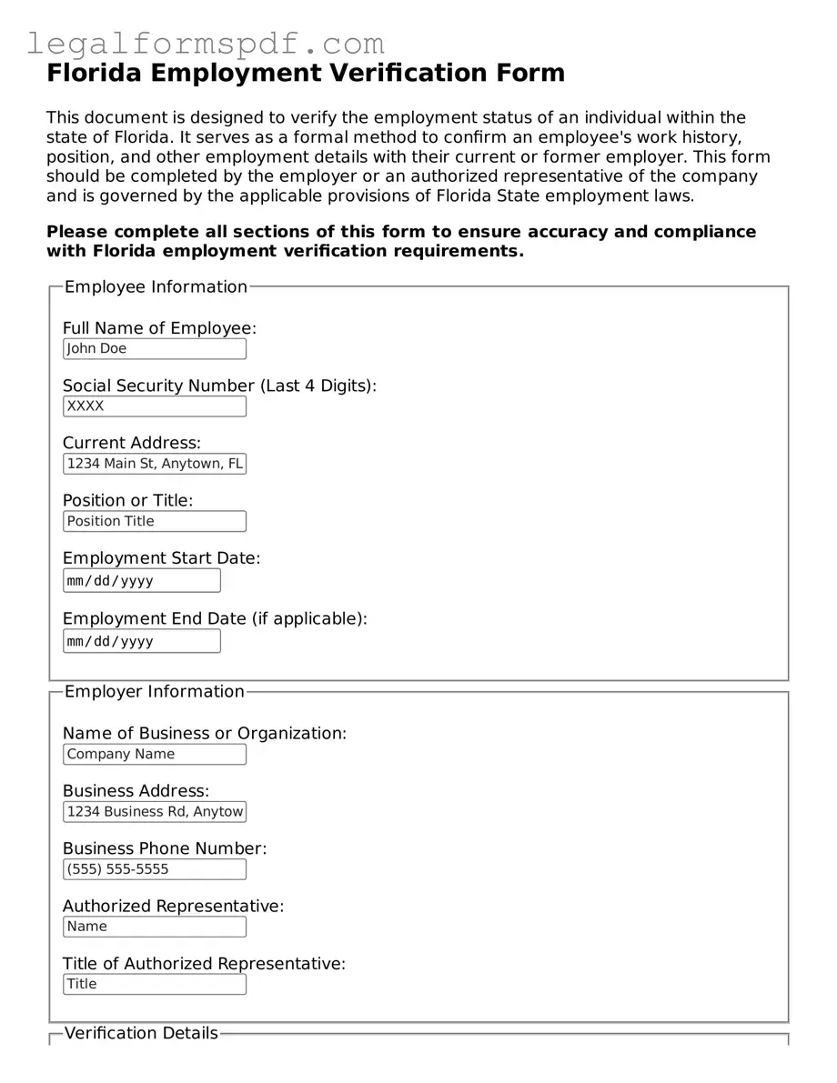 Fillable  Employment Verification Document for Florida