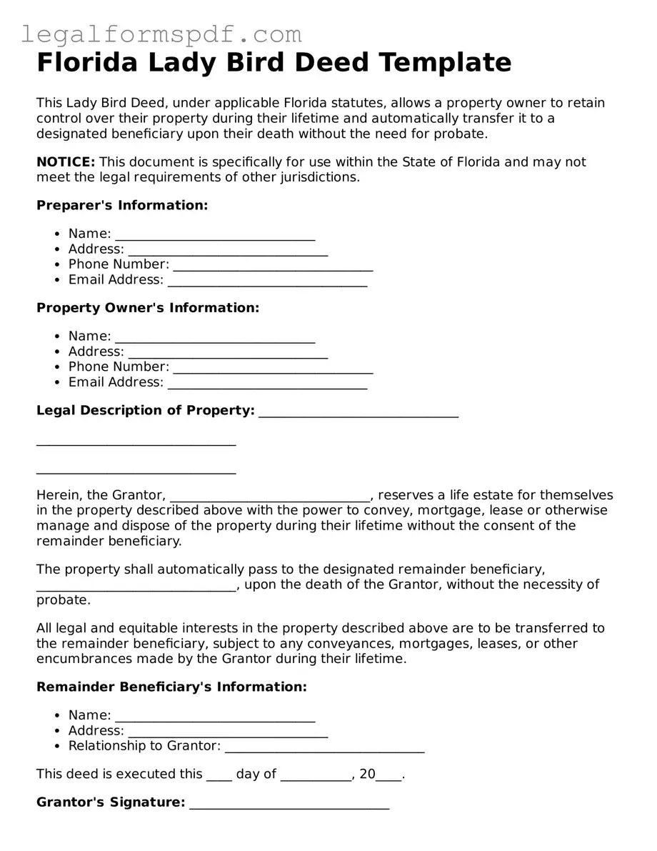 Fillable  Lady Bird Deed Document for Florida