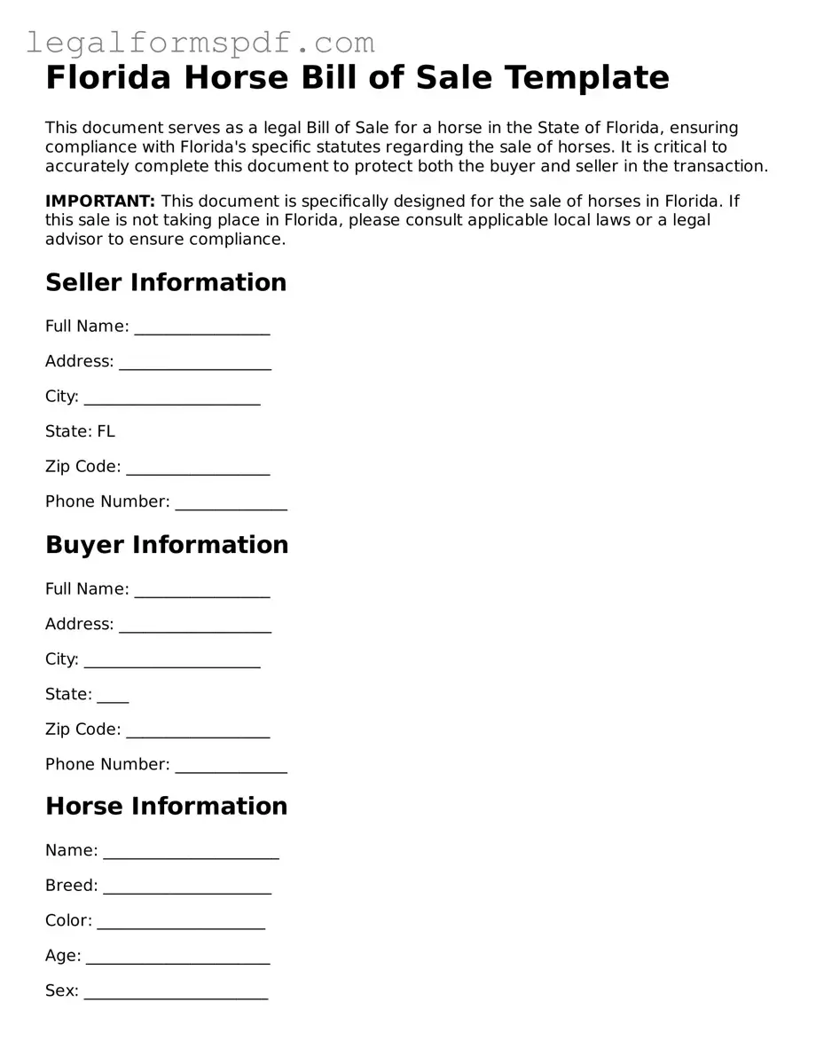 Fillable  Horse Bill of Sale Document for Florida