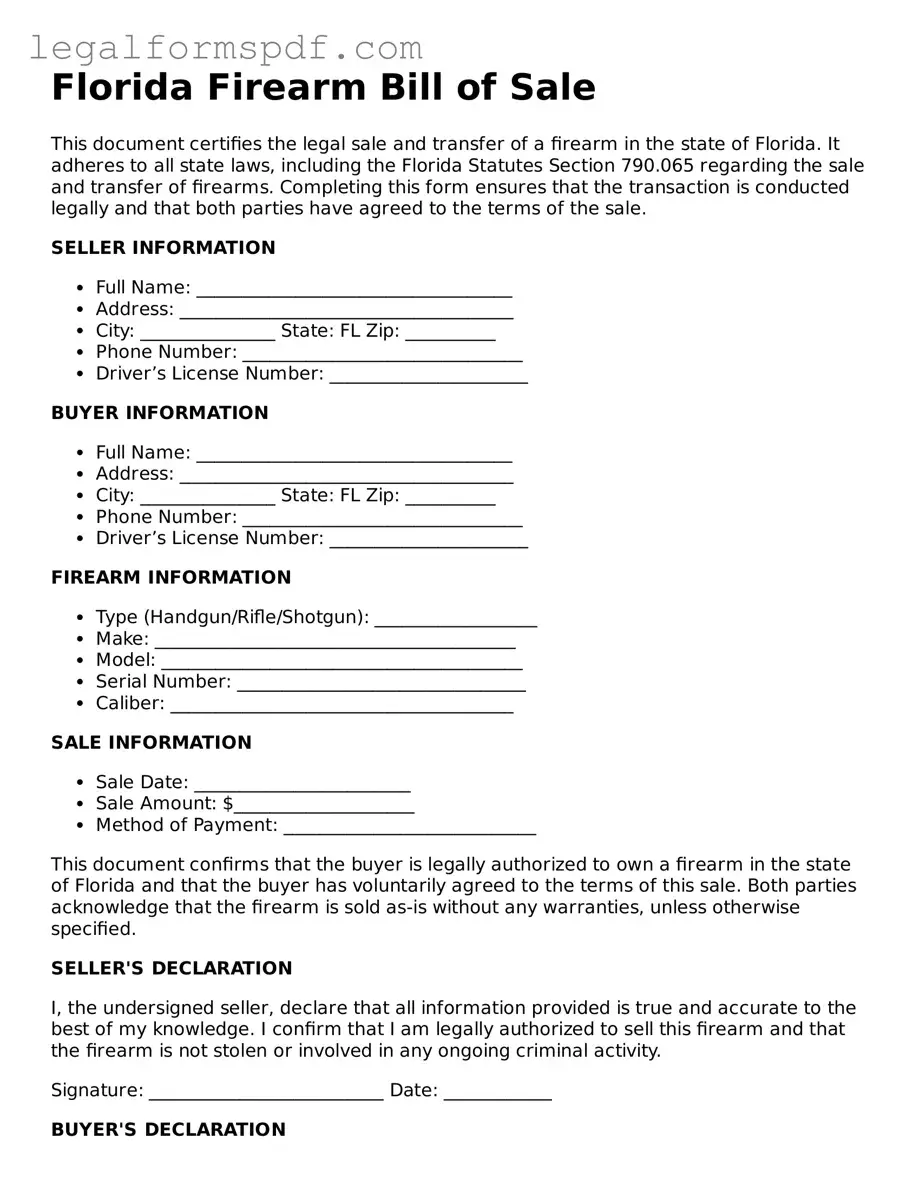 Fillable  Firearm Bill of Sale Document for Florida