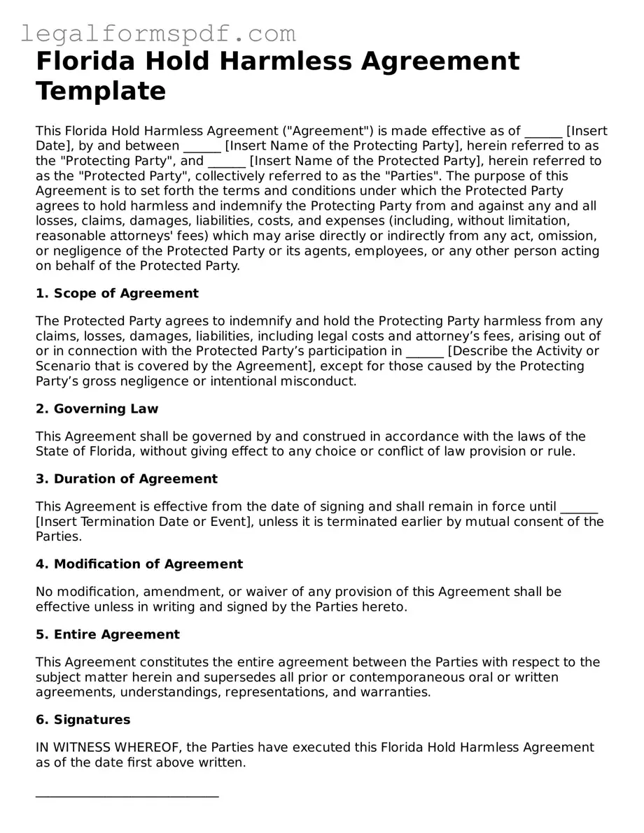 Fillable  Hold Harmless Agreement Document for Florida
