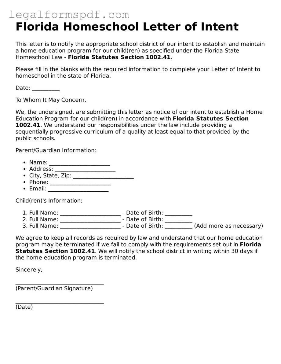 Fillable  Homeschool Letter of Intent Document for Florida