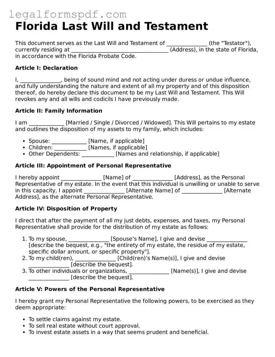 Fillable  Last Will and Testament Document for Florida