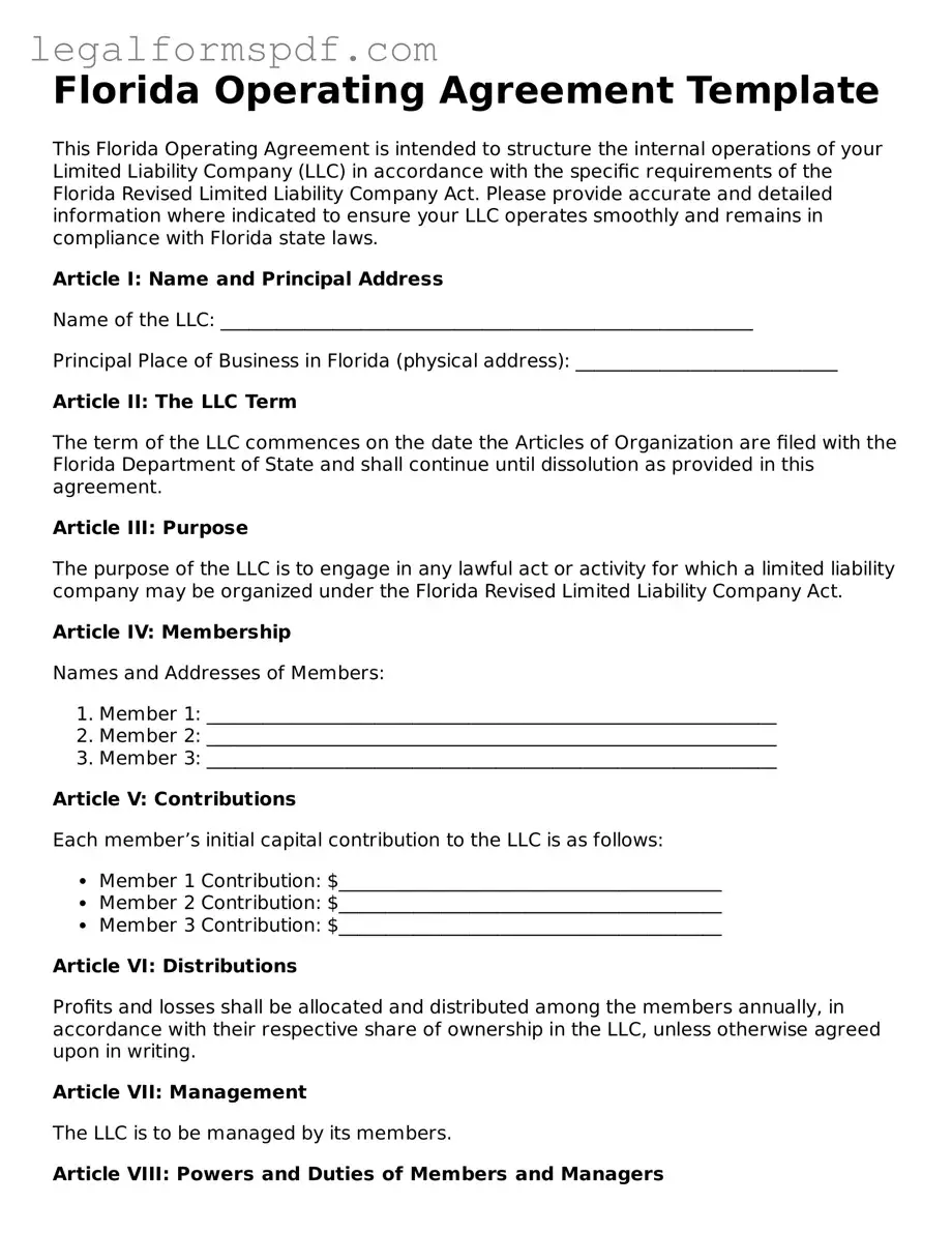Fillable  Operating Agreement Document for Florida
