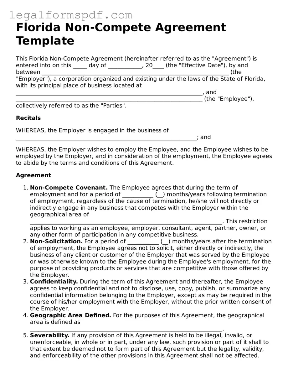 Fillable  Non-compete Agreement Document for Florida