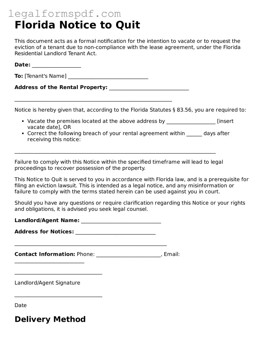Fillable  Notice to Quit Document for Florida