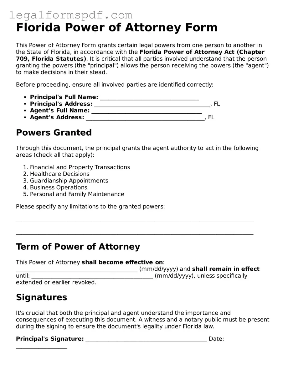 Fillable  Power of Attorney Document for Florida