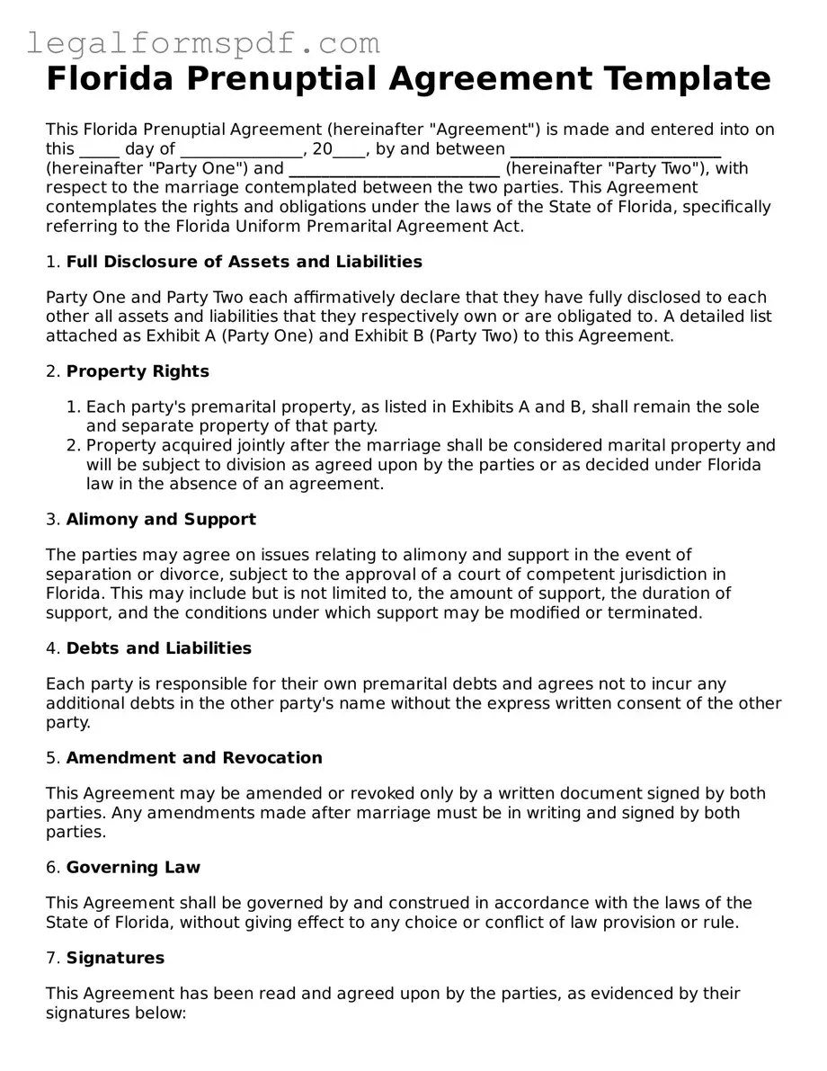 Fillable  Prenuptial Agreement Document for Florida