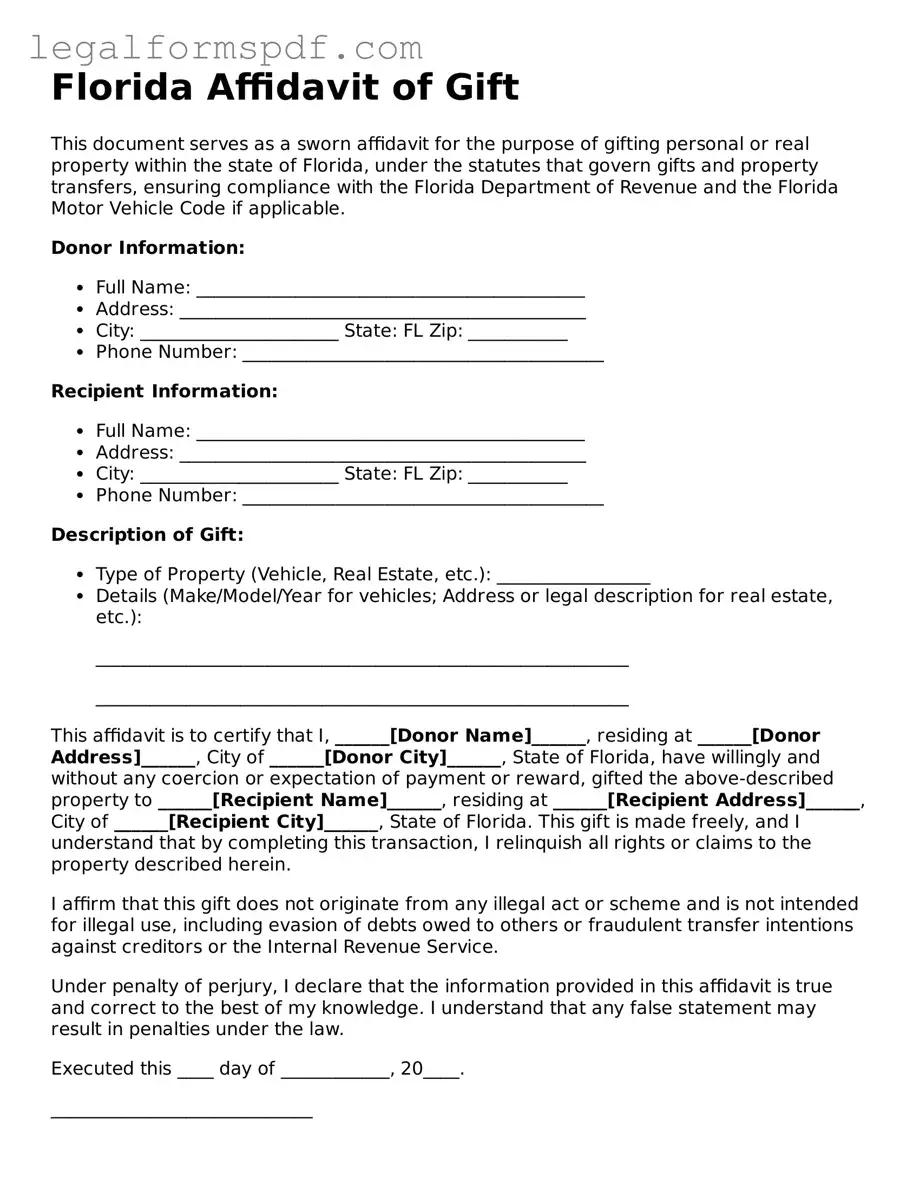 Fillable  Affidavit of Gift Document for Florida