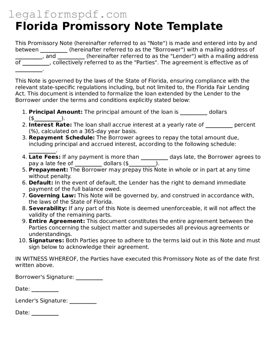 Fillable  Promissory Note Document for Florida