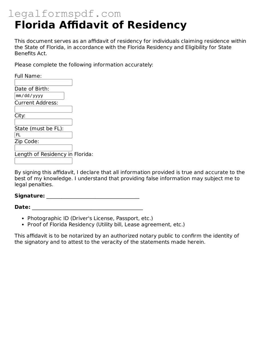 Fillable  Affidavit of Residency Document for Florida
