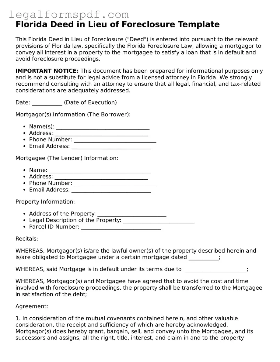 Fillable  Deed in Lieu of Foreclosure Document for Florida