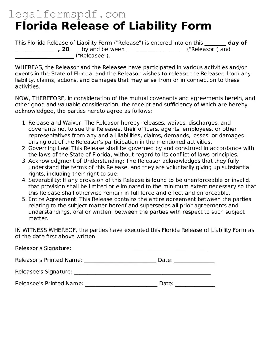 Fillable  Release of Liability Document for Florida