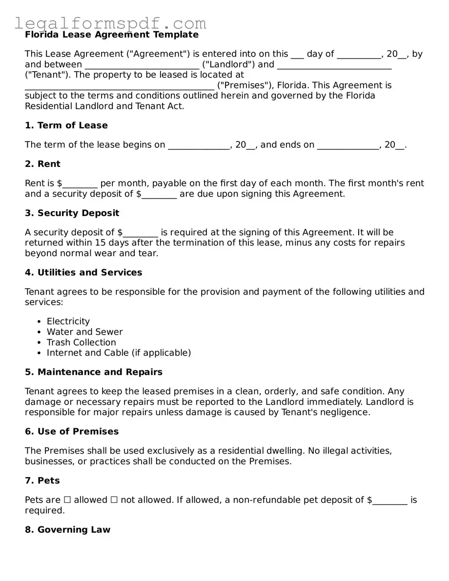 Fillable  Lease Agreement Document for Florida
