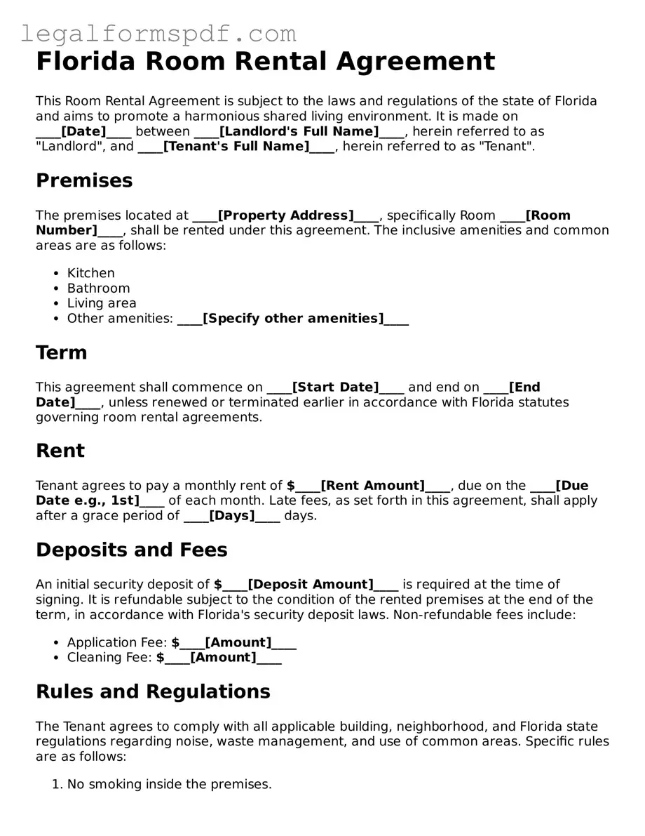 Fillable  Room Rental Agreement Document for Florida