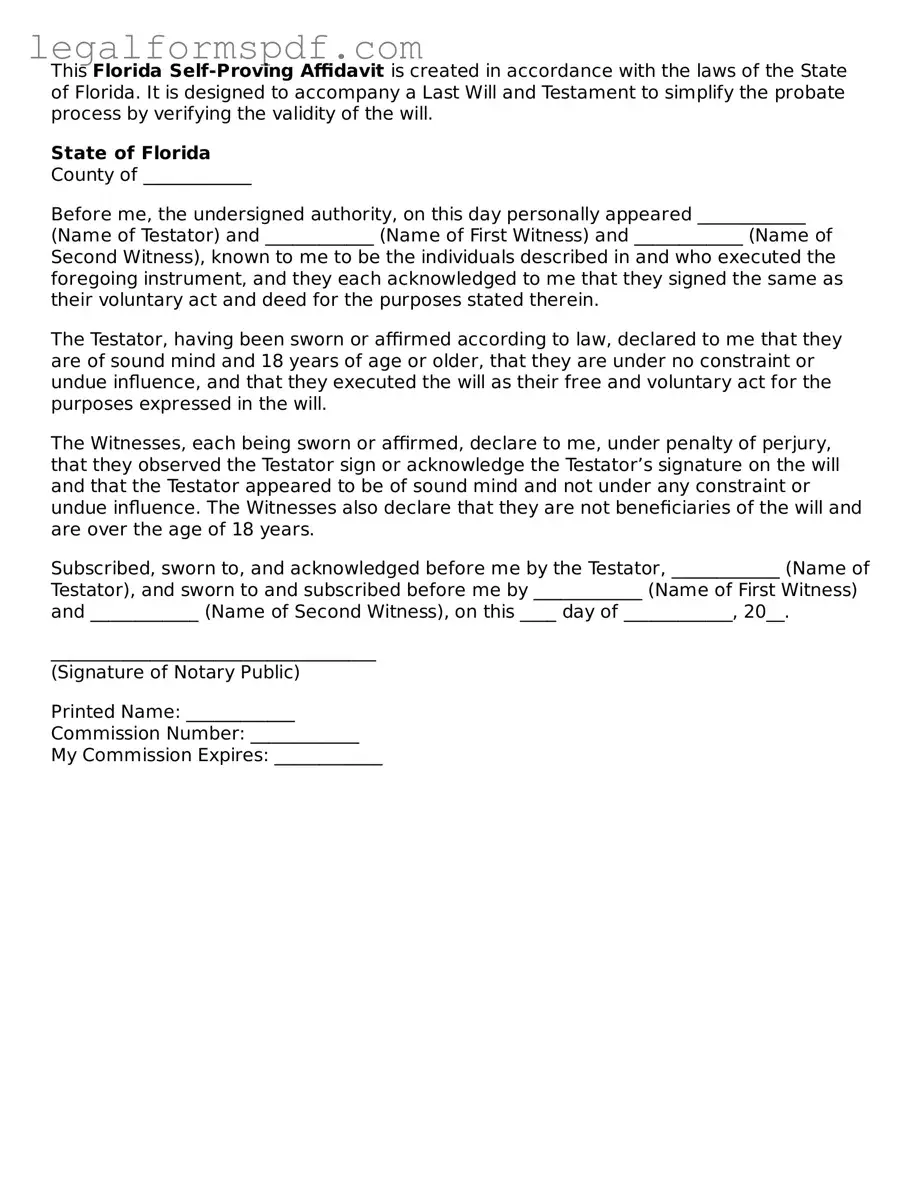 Fillable  Self-Proving Affidavit Document for Florida