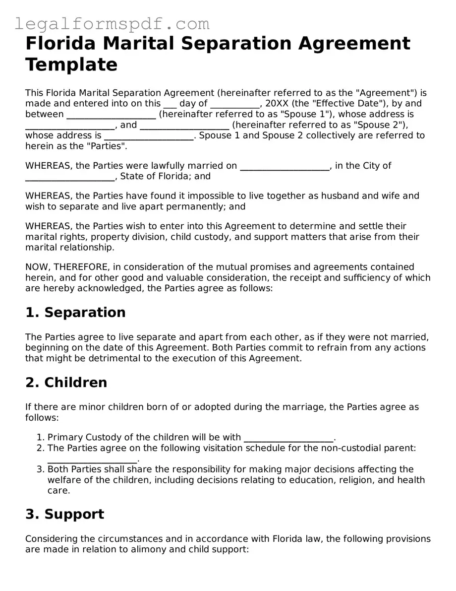 Fillable  Marital Separation Agreement Document for Florida