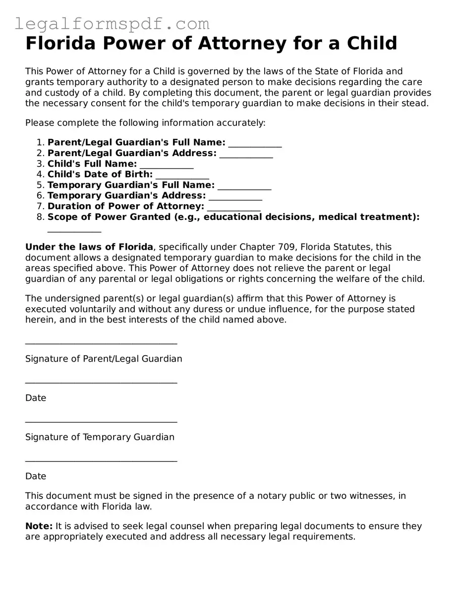 Fillable  Power of Attorney for a Child Document for Florida