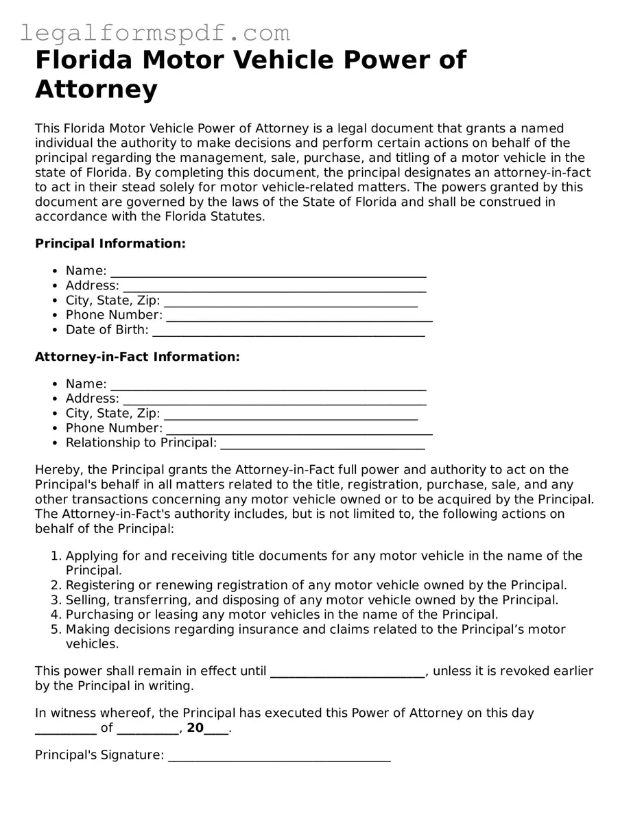 Fillable  Motor Vehicle Power of Attorney Document for Florida