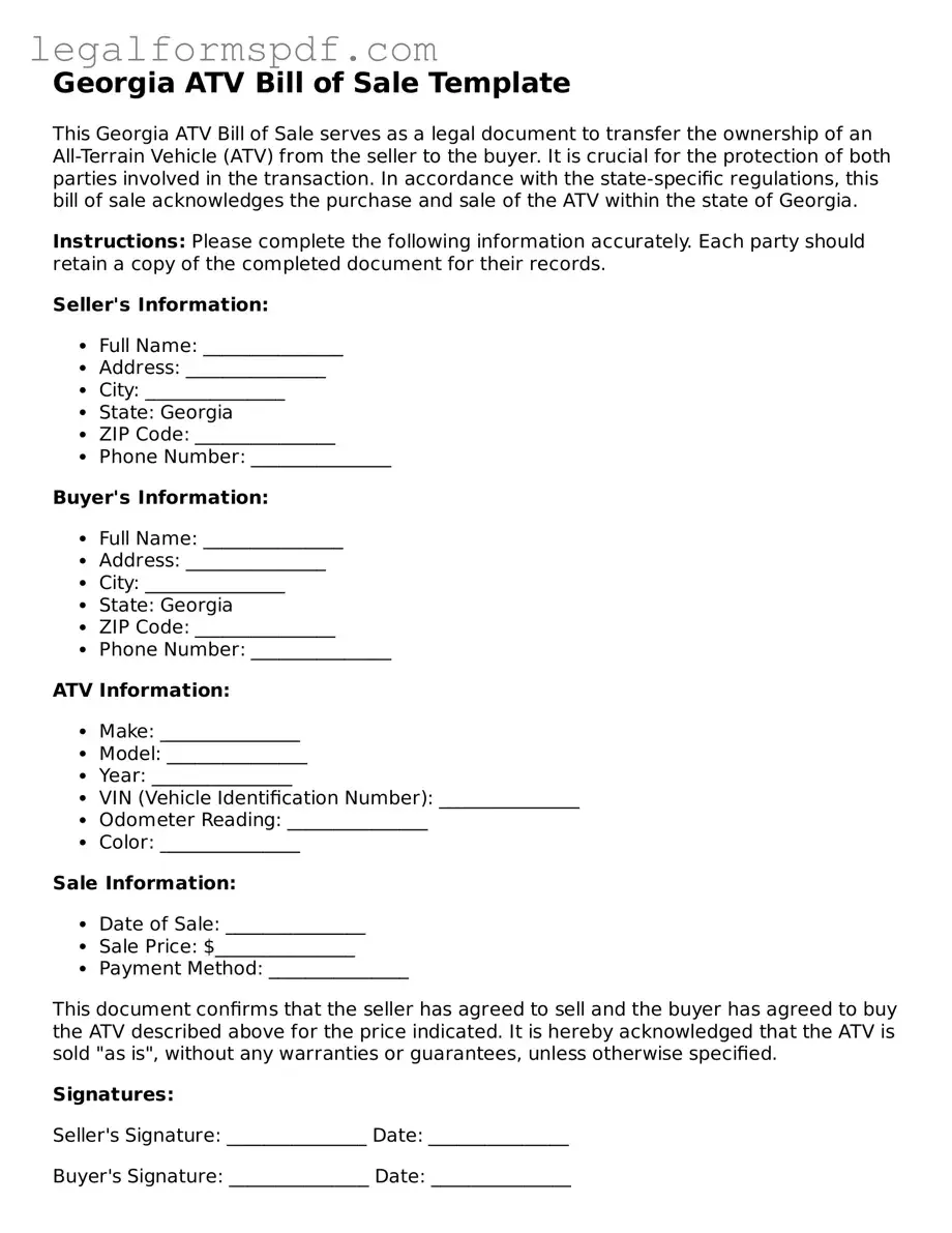 Fillable  ATV Bill of Sale Document for Georgia