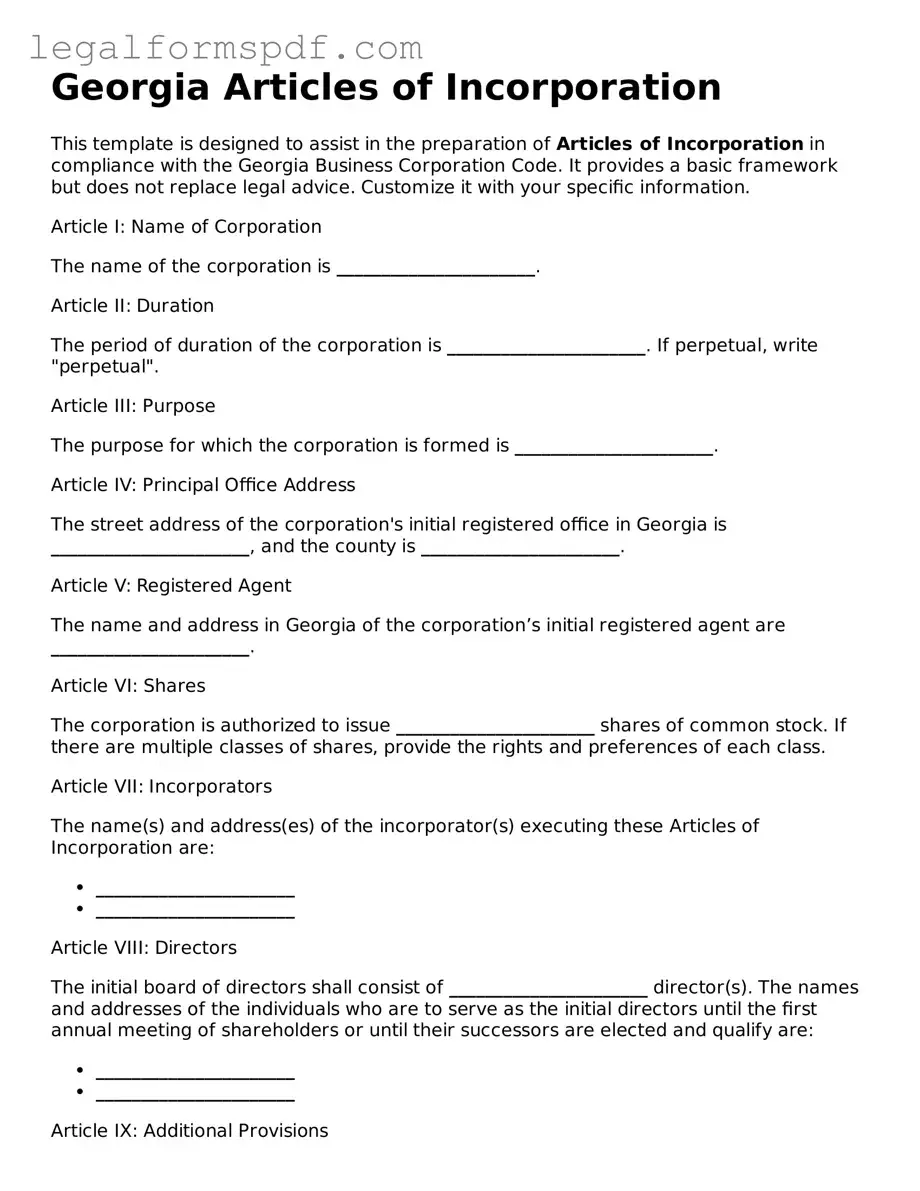 Fillable  Articles of Incorporation Document for Georgia