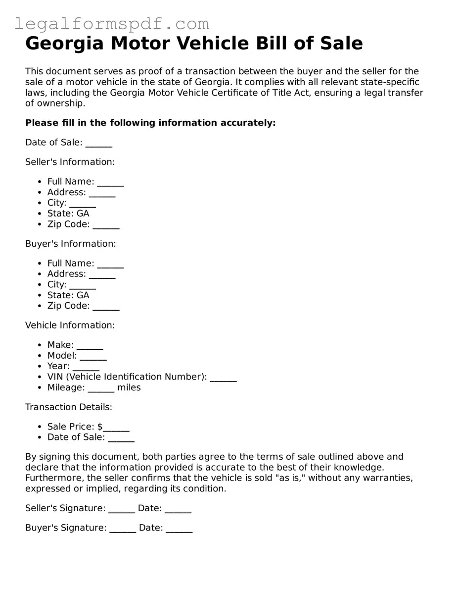 Fillable  Motor Vehicle Bill of Sale Document for Georgia