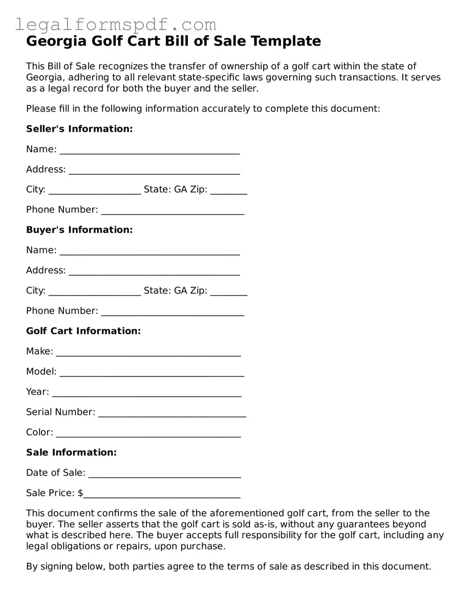 Fillable  Golf Cart Bill of Sale Document for Georgia