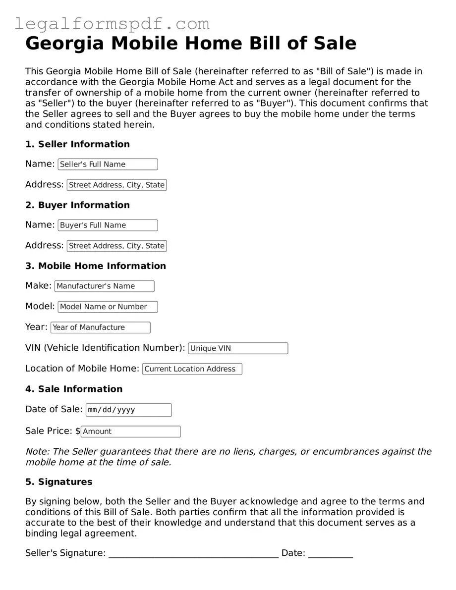Fillable Mobile Home Bill of Sale Document for Georgia