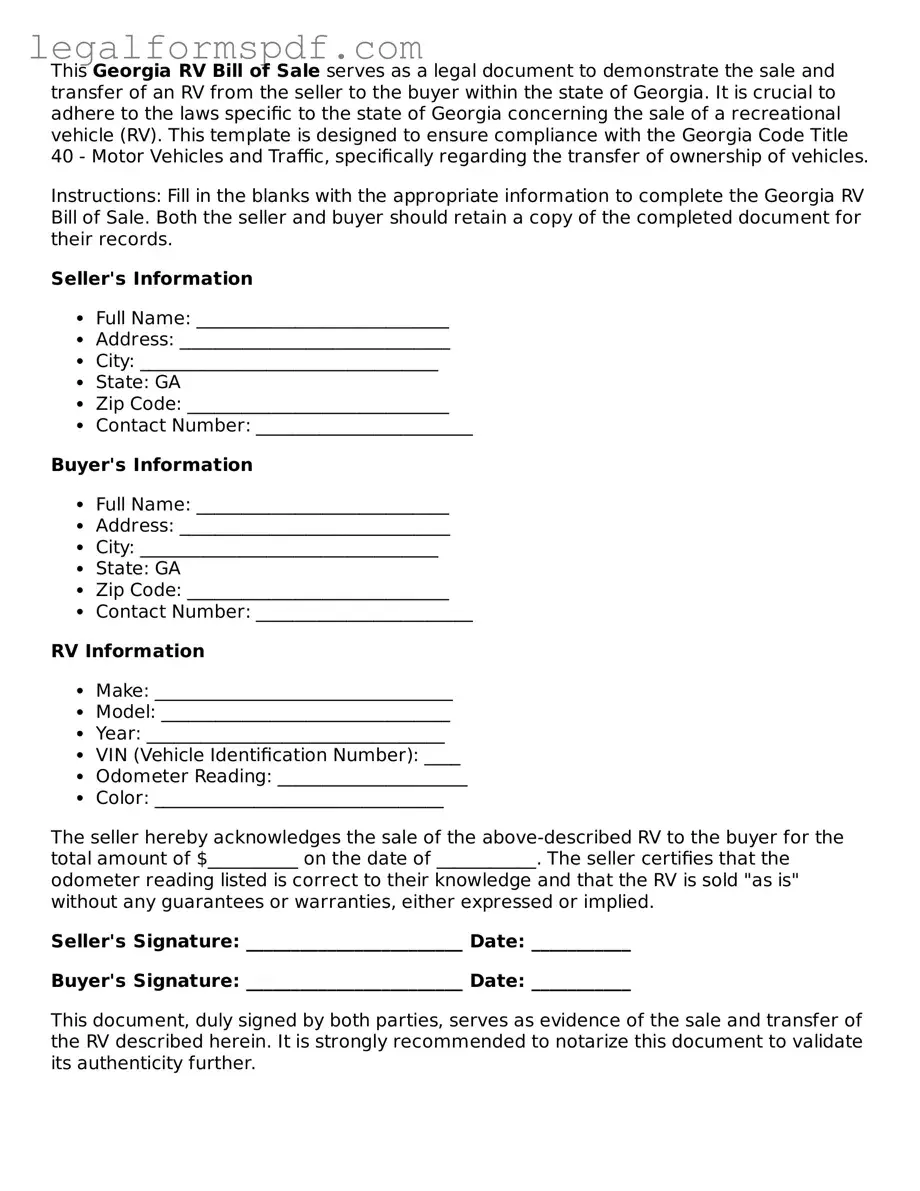 Fillable  RV Bill of Sale Document for Georgia