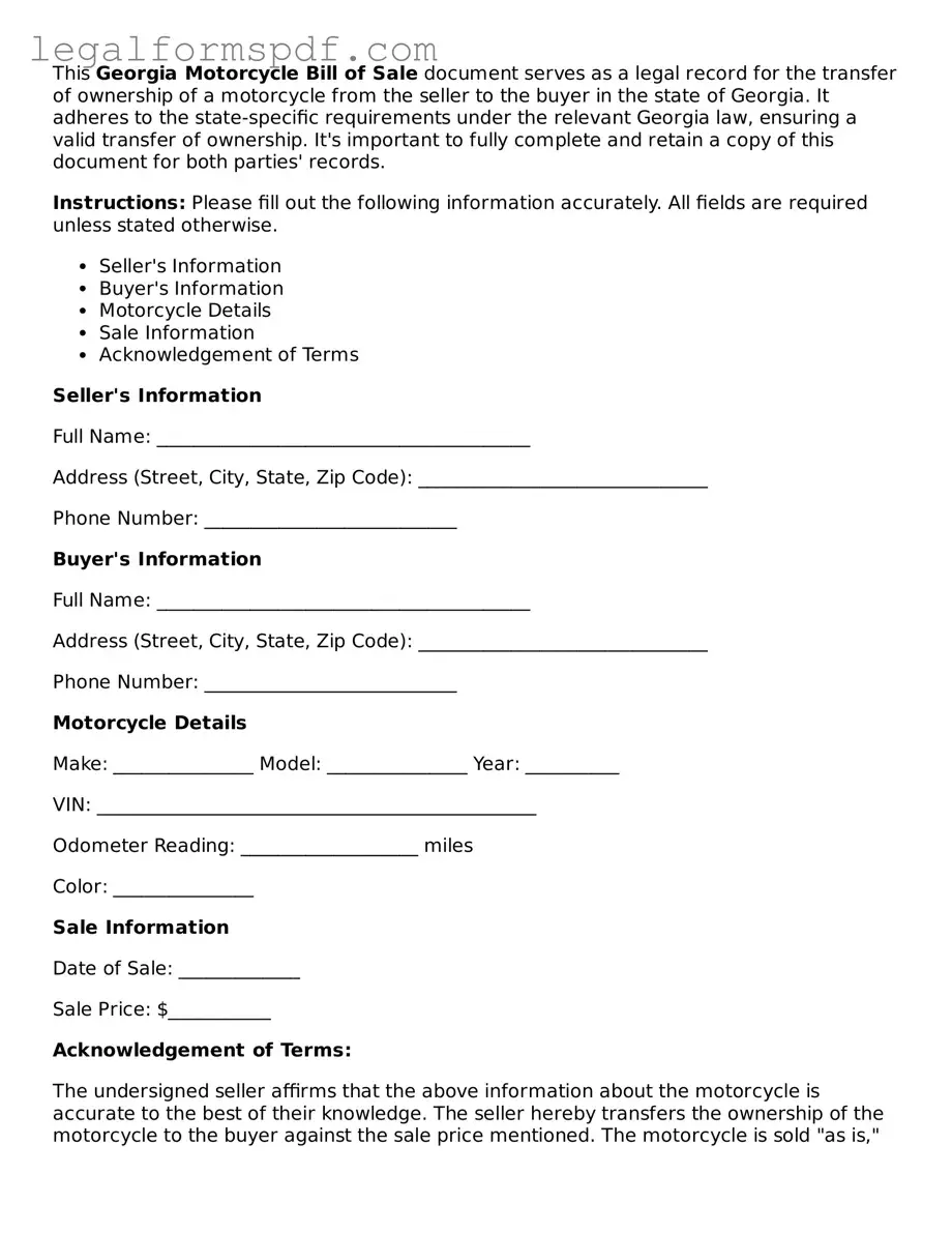 Fillable  Motorcycle Bill of Sale Document for Georgia