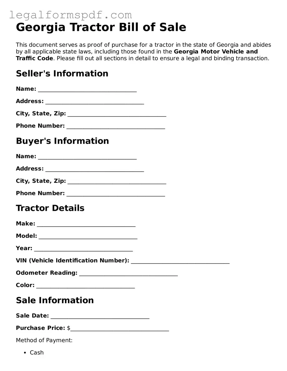 Fillable  Tractor Bill of Sale Document for Georgia
