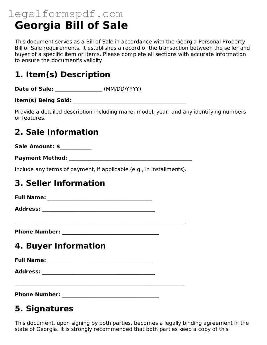 Fillable  Bill of Sale Document for Georgia