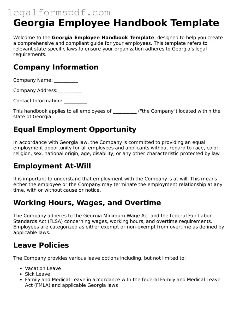 Fillable  Employee Handbook Document for Georgia