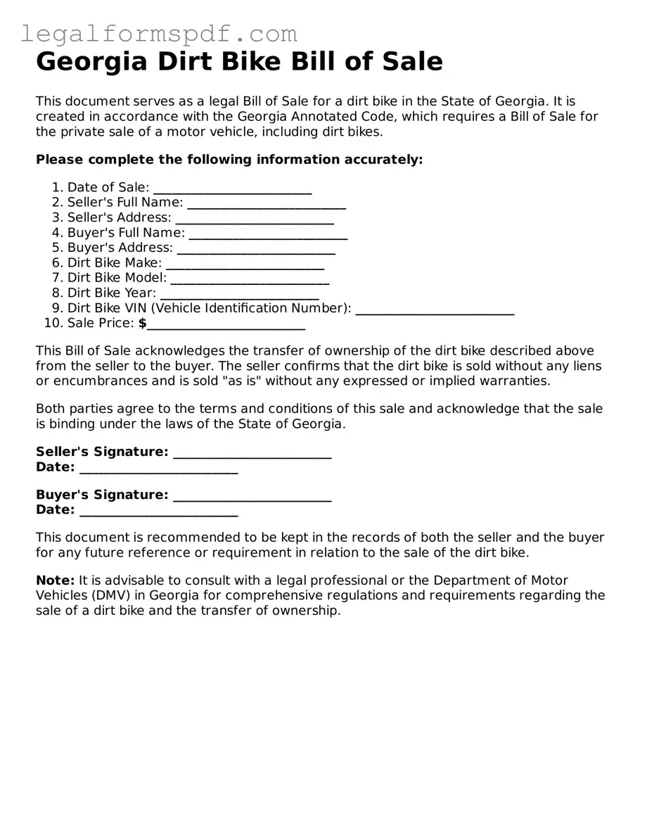 Fillable  Dirt Bike Bill of Sale Document for Georgia