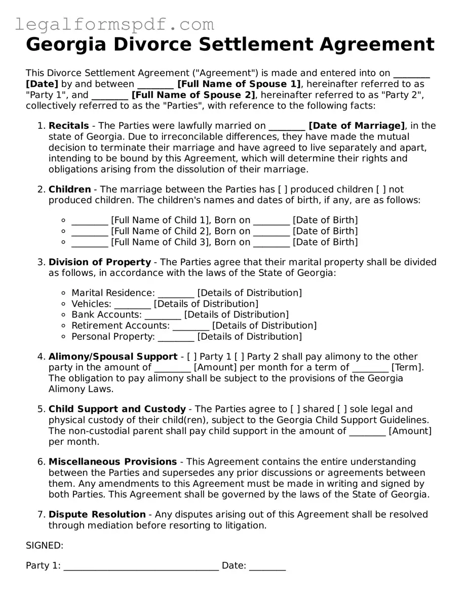 Fillable  Divorce Settlement Agreement Document for Georgia