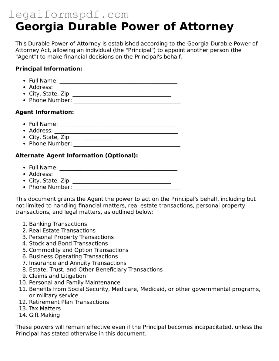 Fillable  Durable Power of Attorney Document for Georgia