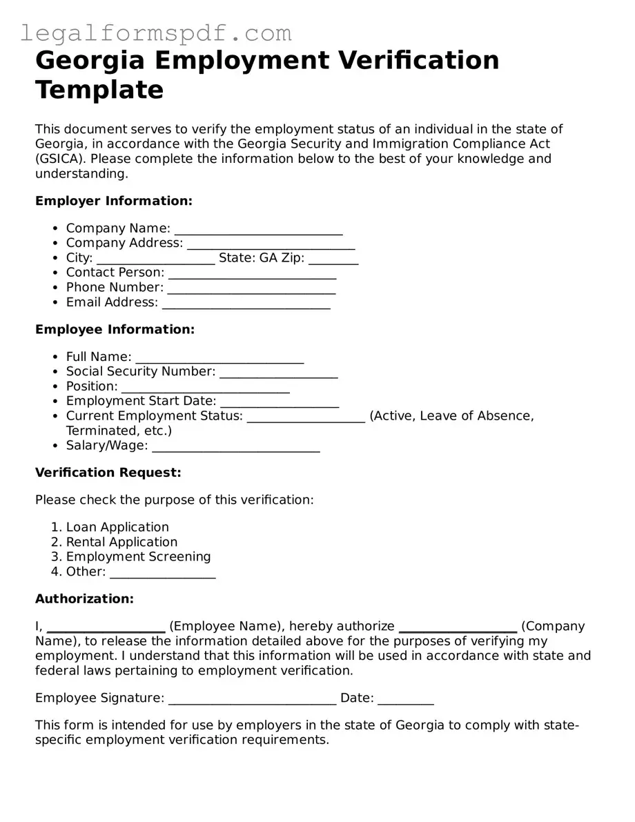Fillable  Employment Verification Document for Georgia