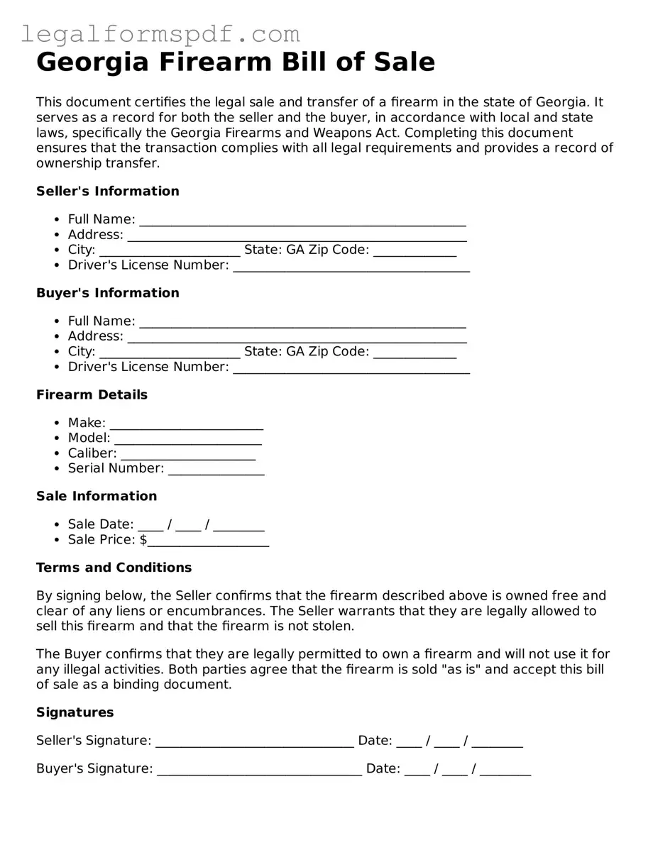 Fillable  Firearm Bill of Sale Document for Georgia